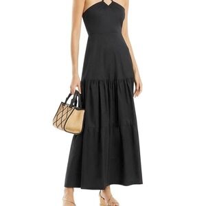 AQUA Bloomingdales Black Cotton Halter Maxi Dress Tiered Sundress Size XL NWT